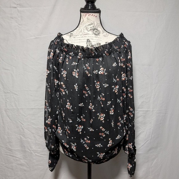 Wayf Tops - WAYF Black Floral Off-Shoulder‎ Sheer Peasant Floral Blouse Women's Medium